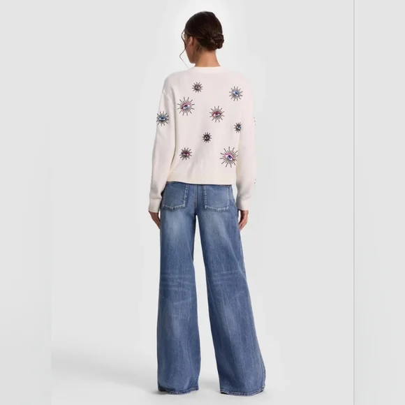 Alice + Olivia White Cardigan with Multicolor Embroidery BRADLEY SHORT EMBELLISH - Picture 3 of 11